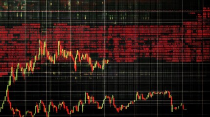 Poster - Stock market trends displayed on LED screen with vibrant colors and financial data visualization in a modern digital environment