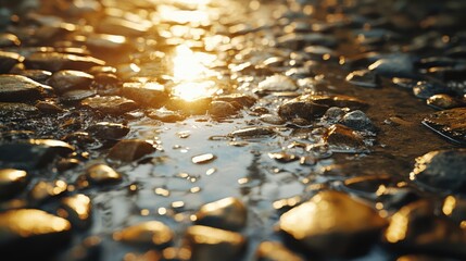 Poster - Detailed close-up of small stones in a puddle reflecting sunlight on wet asphalt showcasing natural textures and post-rain ambiance