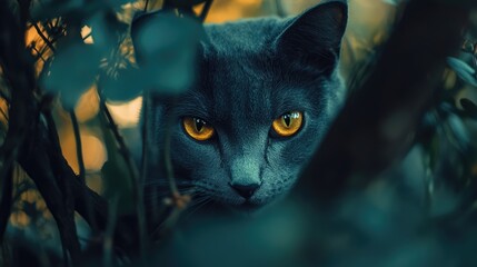 Aufkleber - Gray cat with striking yellow eyes peering through foliage creating an enigmatic and captivating atmosphere of curiosity and intelligence