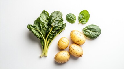 Poster - Fresh chard and potatoes arranged artistically on a bright white background showcasing vibrant colors and healthy ingredients for cooking.