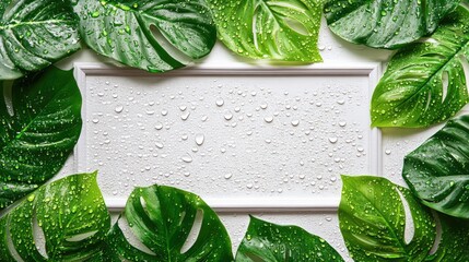 Poster - Tropical Monstera leaves with dew drops around a blank white frame on a minimalistic background for creative text placement and design.