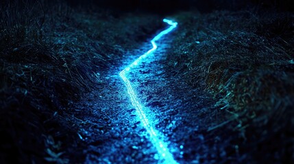 Poster - Illuminated blue path guiding through darkness in a mysterious outdoor setting at night