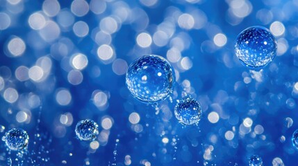 Aufkleber - Macro photograph of dew drops glistening on a winter morning with a vibrant blue background creating an ethereal and tranquil atmosphere.