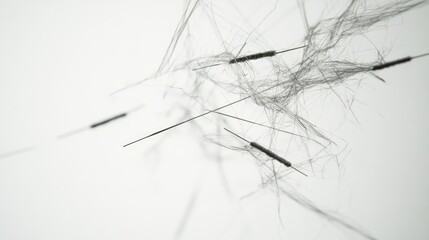 Poster - Abstract composition of sewing needles entangled with threads on a clean white background showcasing creative textile artistry and craftsmanship.