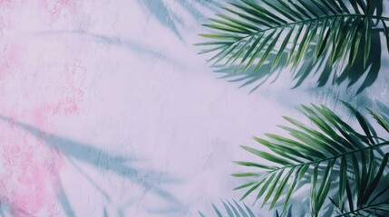 Poster - Tropical palm leaves casting shadows on pastel gray marble background for summer themed compositions and creative designs. Flat lay style.