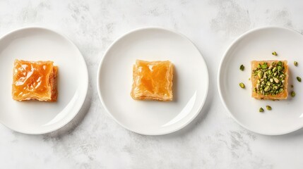 Poster - Assorted baklava varieties on white plates with pistachio topping against a neutral background creating an inviting dessert presentation