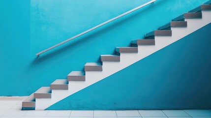 Poster - Stylish staircase with turquoise wall and contrasting gray and white steps creating a modern interior design atmosphere.