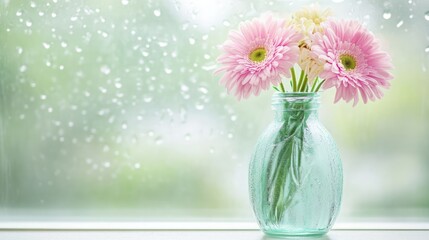 Poster - Vase with pink flowers on a rainy window creating a serene and tranquil atmosphere indoors