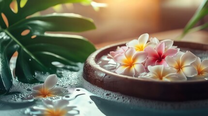Poster - Relaxing bath with frangipani flowers in a wooden bowl for an organic spa treatment and romantic ambiance at home