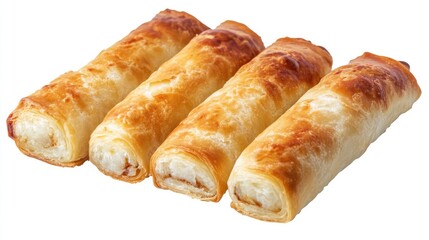 Aufkleber - Deliciously golden baked Japanese rolls neatly arranged on a white background showcasing their crispy texture and appetizing appearance