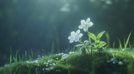 Aufkleber - Delicate white flowers blossoming on lush green grass in a tranquil natural setting showcasing nature's beauty and serenity.