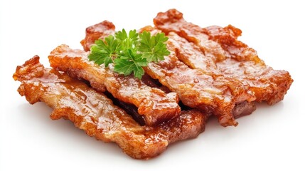 Poster - Fried crispy pork lard garnished with fresh parsley on a clean white background showcasing delicious golden pieces