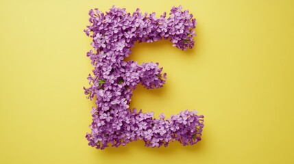 Poster - E Letter Formed with Lilac Flowers on Vibrant Yellow Background Ideal for Creative Typography and Floral Design Projects