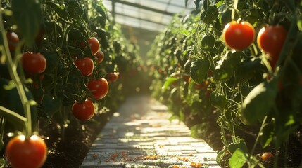 Poster - Vibrant tomatoes ripening on plants in a sunlit greenhouse showcasing lush greenery and farm productivity