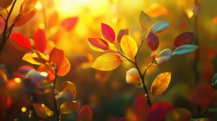 Poster - Autumn sunlight filtering through vibrant foliage creating a warm woodland atmosphere with red yellow and green leaves