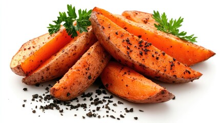 Poster - Crispy golden fried potato wedges garnished with fresh herbs on a clean white background
