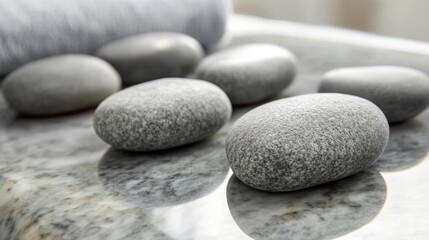 Poster - Spa stones and towel arranged on a massage table in a tranquil recreational center for relaxation and wellness experiences