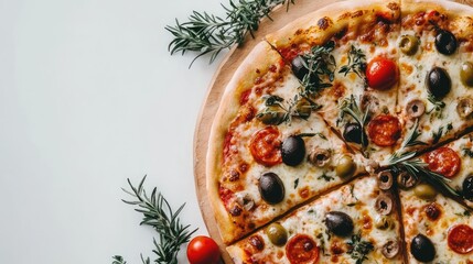 Aufkleber - Delicious pizza topped with olives and sausages garnished with herbs on a light background ready for a culinary advertisement