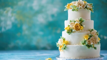 Poster - Elegant three-tiered cake adorned with yellow and green floral decorations perfect for weddings or birthdays against a blue backdrop.