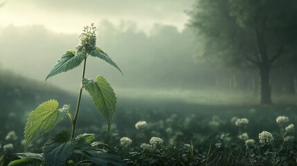Poster - Stinging Nettle in Misty Landscape with Soft Light and Background Trees in Serene Natural Environment