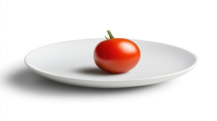 Poster - Fresh Red Tomato on a Simple White Plate Isolated Against Clean White Background for Culinary and Food Presentation Ideas