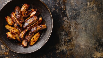 Poster - Grilled thinly sliced pork pieces beautifully presented in a rustic ceramic bowl on a textured dark background
