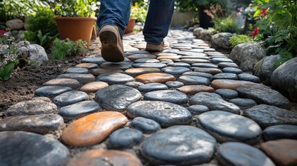 Poster - Decorative stone sidewalk installation in a lush garden setting with a person walking on uniquely shaped pebbles and stones.