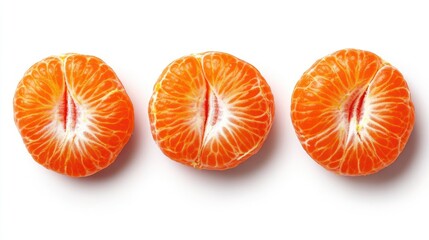 Poster - Three vibrant slices of tangerine arranged neatly on a clean white background showcasing their juicy texture and bright color