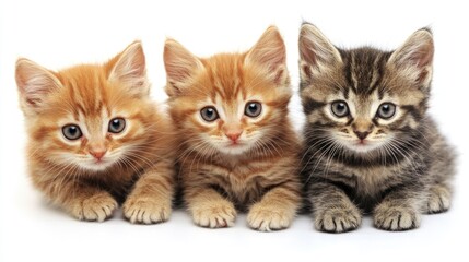 Poster - Kittens posing together in a playful trio showcasing various fur patterns and colors on a clean white background.