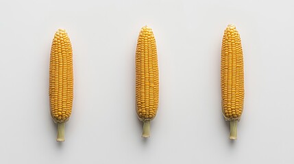 Poster - Fresh yellow corn cobs arranged in a row on a clean white background showcasing ripe natural produce for culinary use.