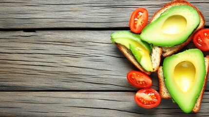 Poster - Avocado and tomato slices on toasted bread arranged on rustic wooden table background