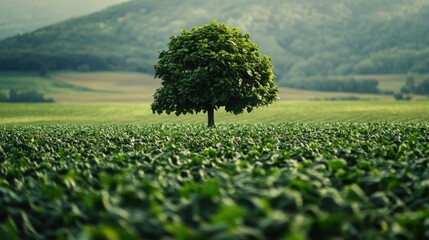 Poster - Lush green tobacco fields with a solitary tree under a serene landscape showcasing tranquility and natural beauty in agriculture.