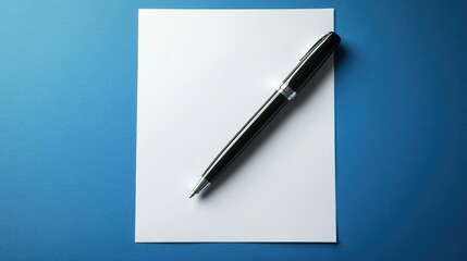 Poster - Blank white paper and black pen on blue background with space for text or design showcasing creativity and planning opportunities