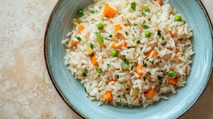 Poster - Fried rice with egg and mixed vegetables served in light blue bowl on beige table vegetarian cuisine healthy meal concept