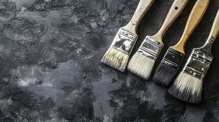 Poster - Set of paintbrushes on textured surface ideal for home improvement and construction projects with space for advertising and additional text.