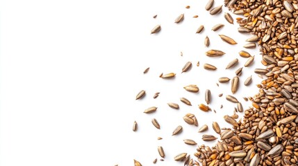 Poster - Sunflower seeds scattered on a white background showcasing their diverse textures and colors in a natural food composition.