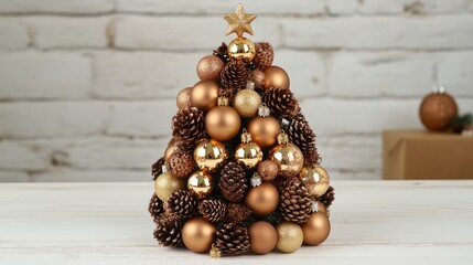 Poster - Festive Christmas tree arrangement with golden ornaments and pine cones on a white wooden table creating a warm holiday atmosphere