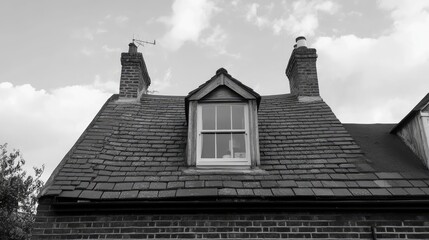 Poster - Tiled Roof Featuring Renovated Dormer Window Against a Dramatic Sky Background