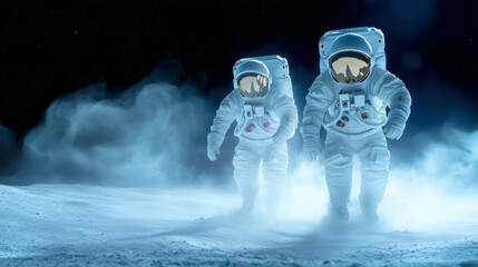 Wall Mural - two astronauts exploring a lunar landscape at night