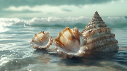 Poster - Seashells resting on wet sand with ocean waves crashing in the background under a cloudy sky during golden hour lighting.
