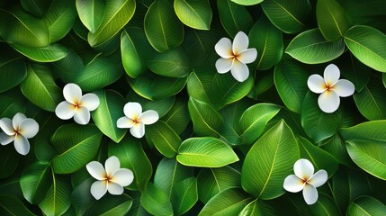 Poster - Lush green frangipani leaves with delicate white flowers creating a vibrant tropical background design