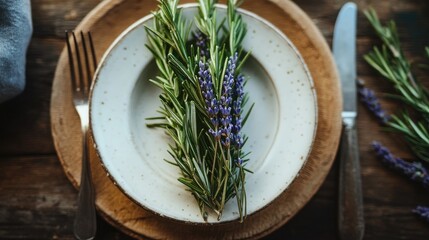 Poster - Rustic table setting with fresh rosemary and lavender on a ceramic plate showcasing natural elegance and culinary inspiration