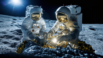 Wall Mural - two astronauts conduct research on the lunar surface at night