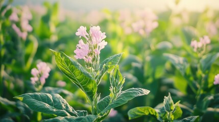Poster - Tobacco plantation field with blooming nicotiana flowers lush green leaves in sunlight creating a serene agricultural landscape
