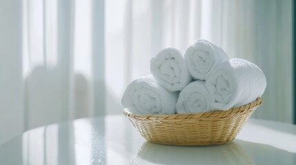 Poster - Spa composition featuring neatly rolled white towels in a wicker basket on a serene table with natural light ambiance for relaxation and wellness.