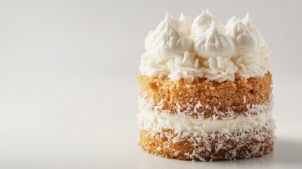 Poster - Delicious coconut cream cake with fluffy white frosting on a neutral background showcasing its layered texture and inviting appearance