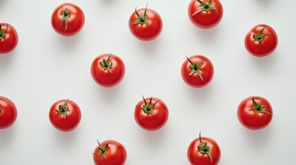 Poster - Fresh ripe tomatoes arranged symmetrically on a clean white background showcasing vibrant colors and natural textures for culinary use.