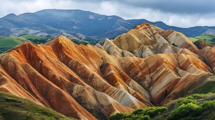 Poster - Sedimentary rock formations in Cantabria Spain showcasing vibrant colored patterns and textures against a mountainous backdrop.