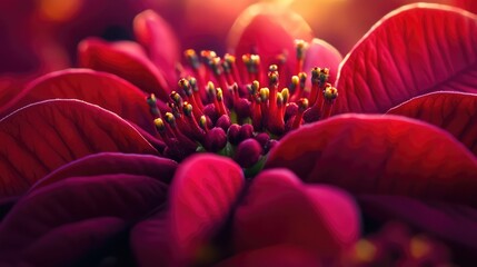 Poster - Close-up of vibrant red poinsettia flowers showcasing intricate petals and delicate yellow stamens in warm natural light.