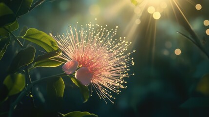 Poster - Delicate Mimosa pudica flower illuminated by sunlight with bokeh effect in a serene garden setting ideal for natural background use